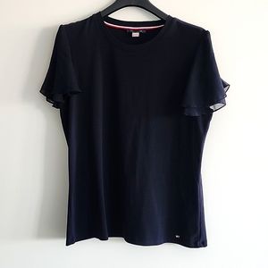 TOMMY HILFIGER Navy Top With Sheer Sleeve Detail Size Medium